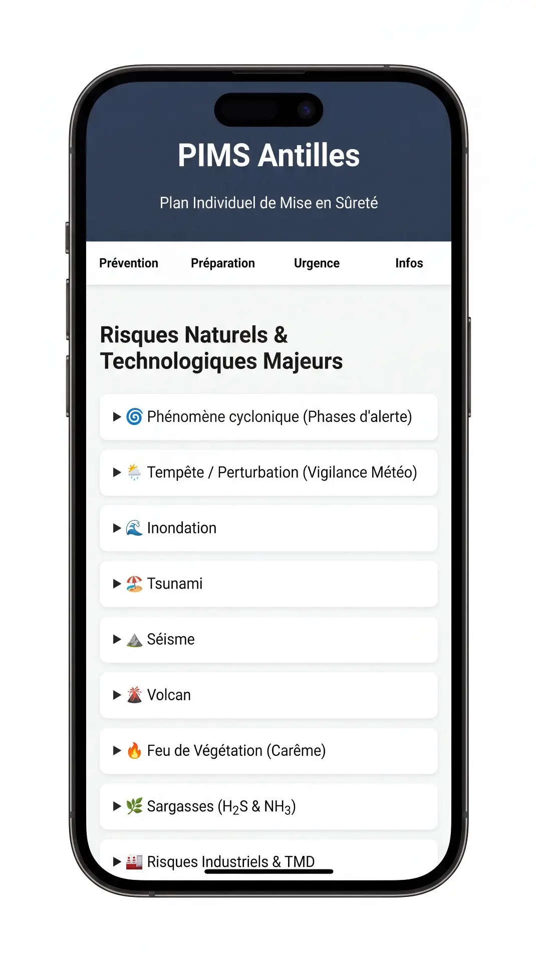 Écran de l'application PIMS Antilles listant les risques majeurs